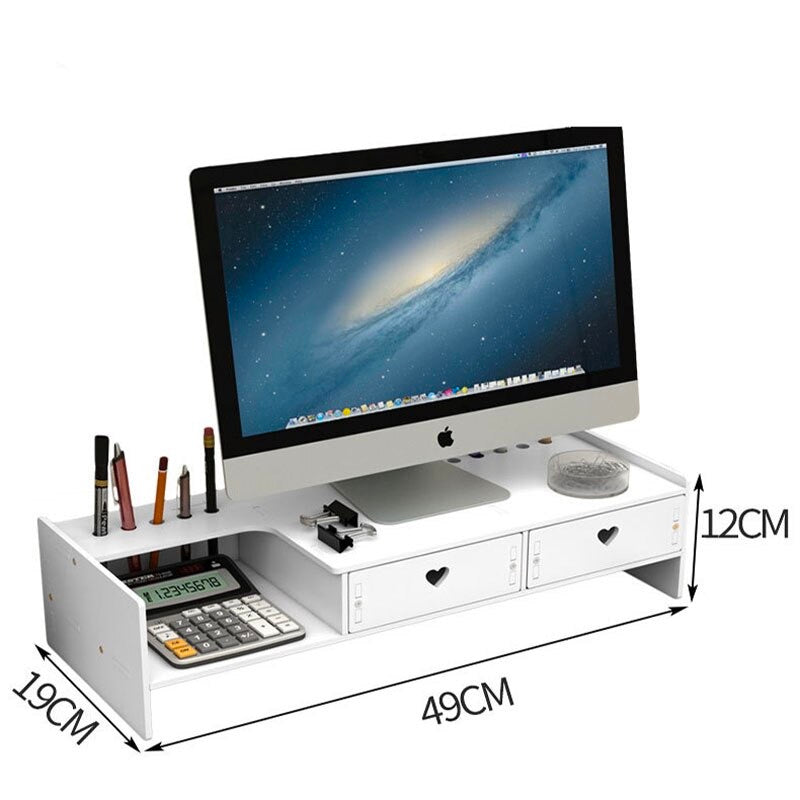 19.2 Inches White Wood Monitor Stand with Drawers