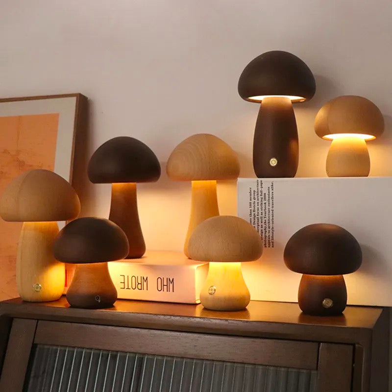Small Wooden Mushroom Table Lamp Cordless