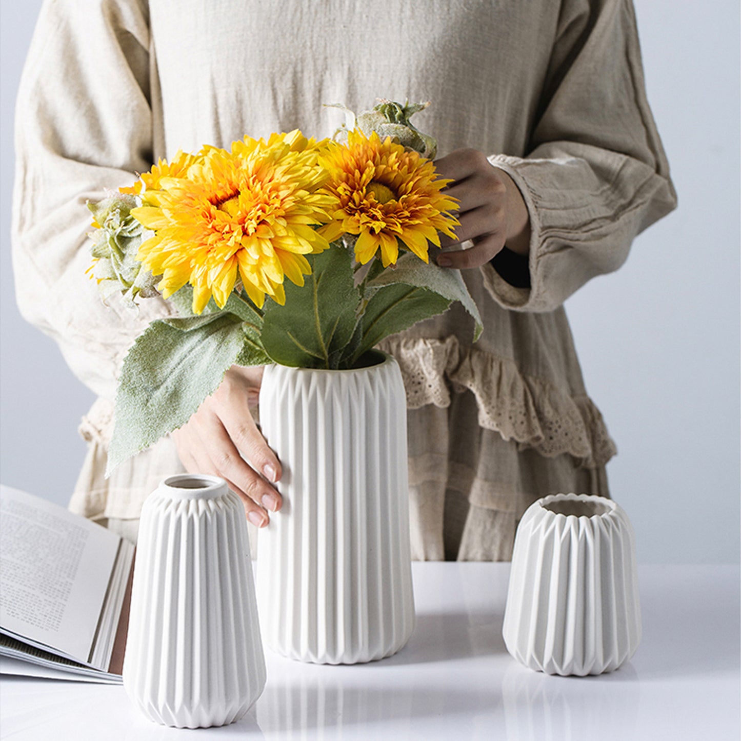 White Ridged Ceramic Vase