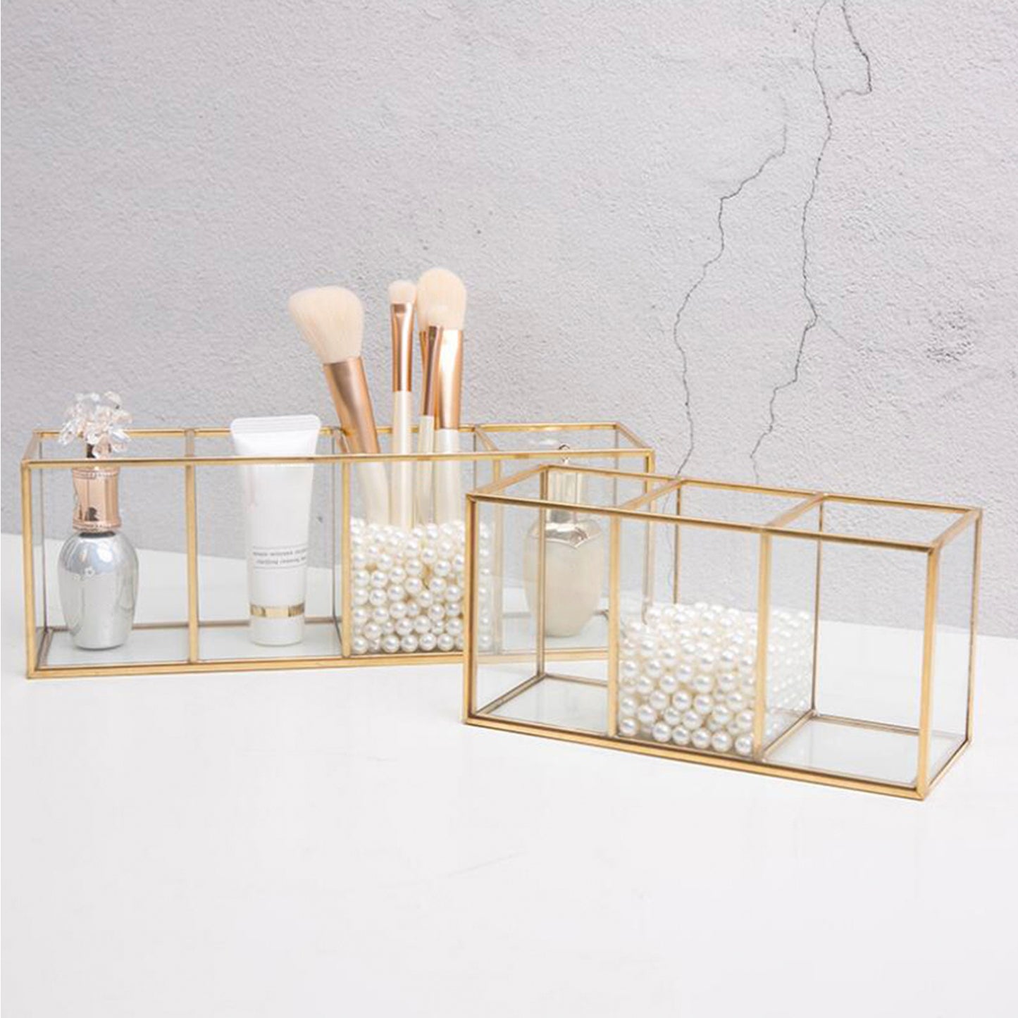 Golden Frame Glass Makeup Brush Storage Box
