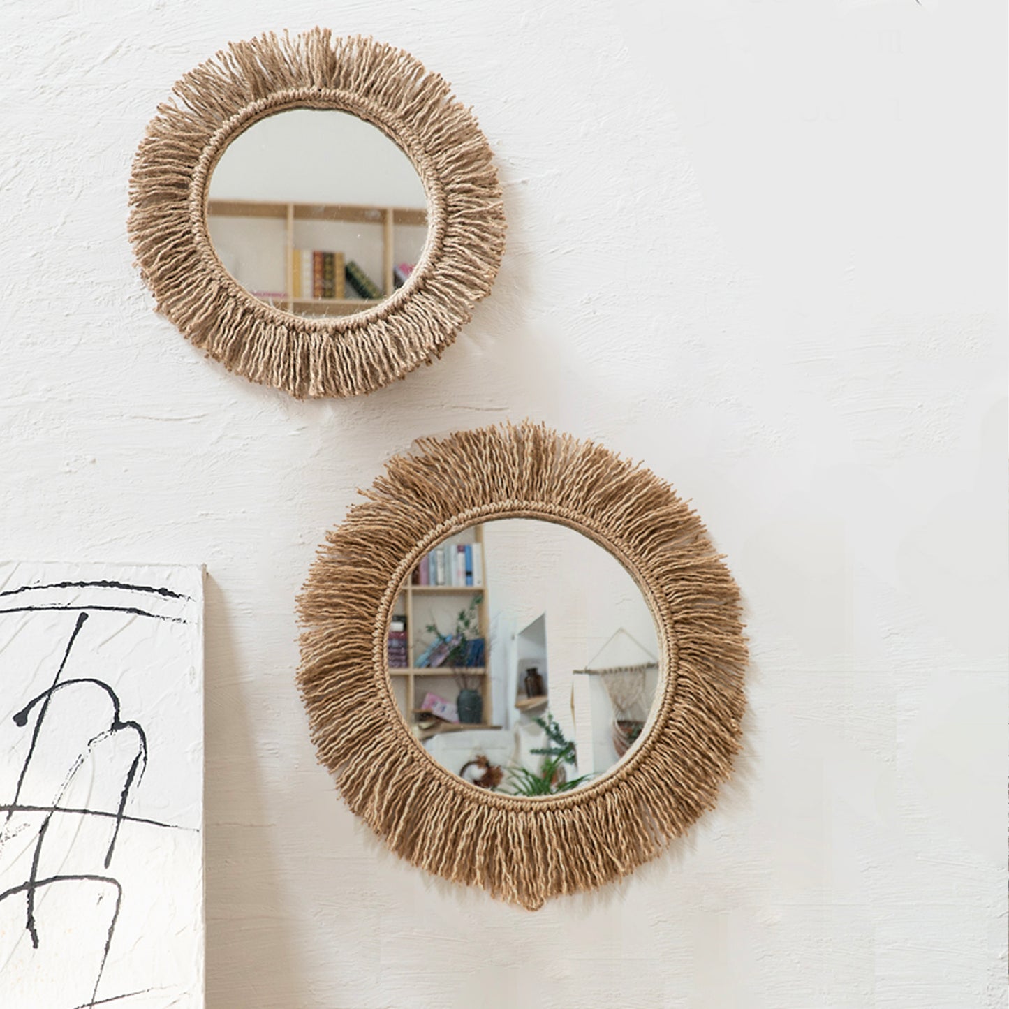 Round Wall Mirror with Macrame Fringe