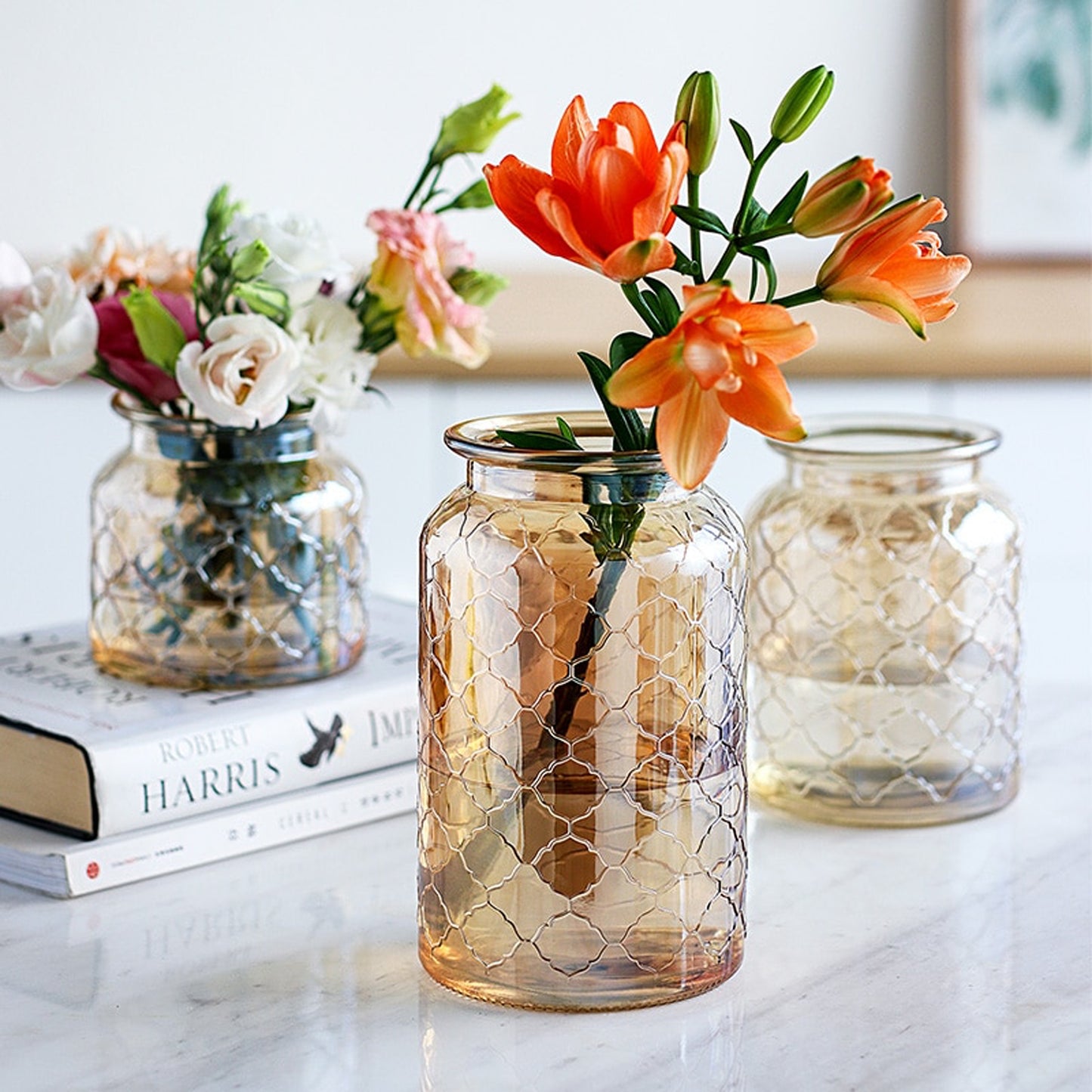Amber Embossed Glass Vase