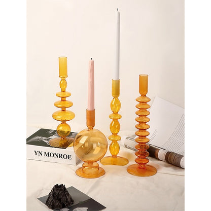 Amber Orange Glass Candlestick Holders