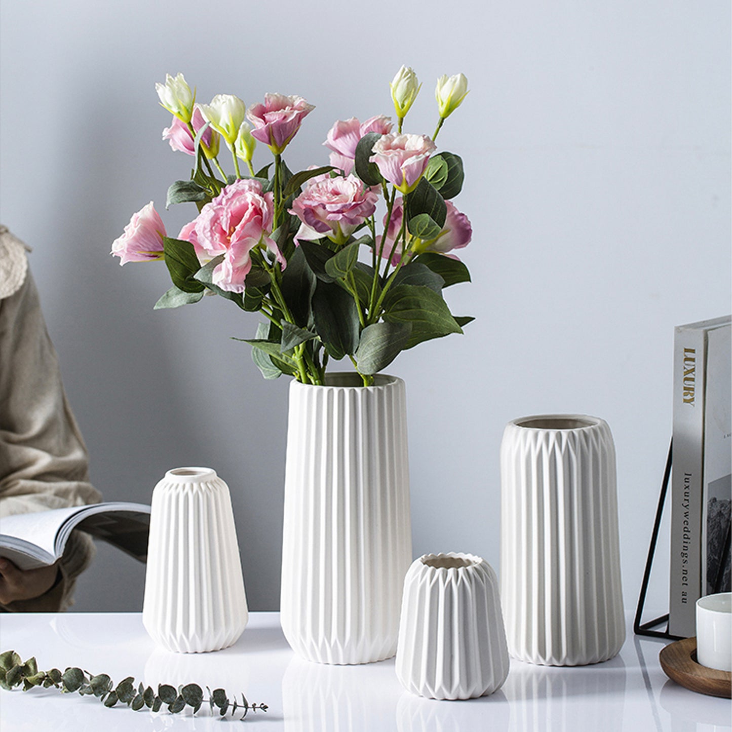 White Ridged Ceramic Vase