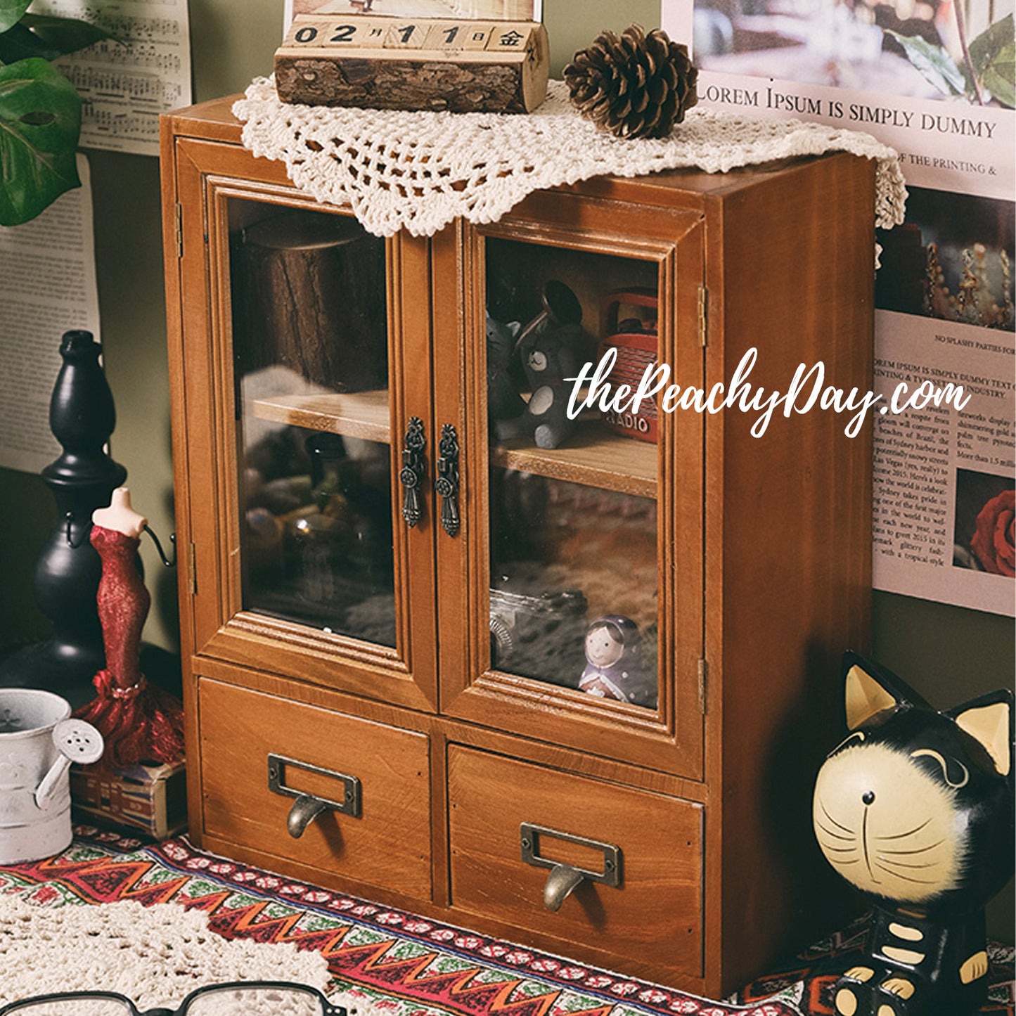 Vintage Wooden Cabinet with Glass Doors & Drawers
