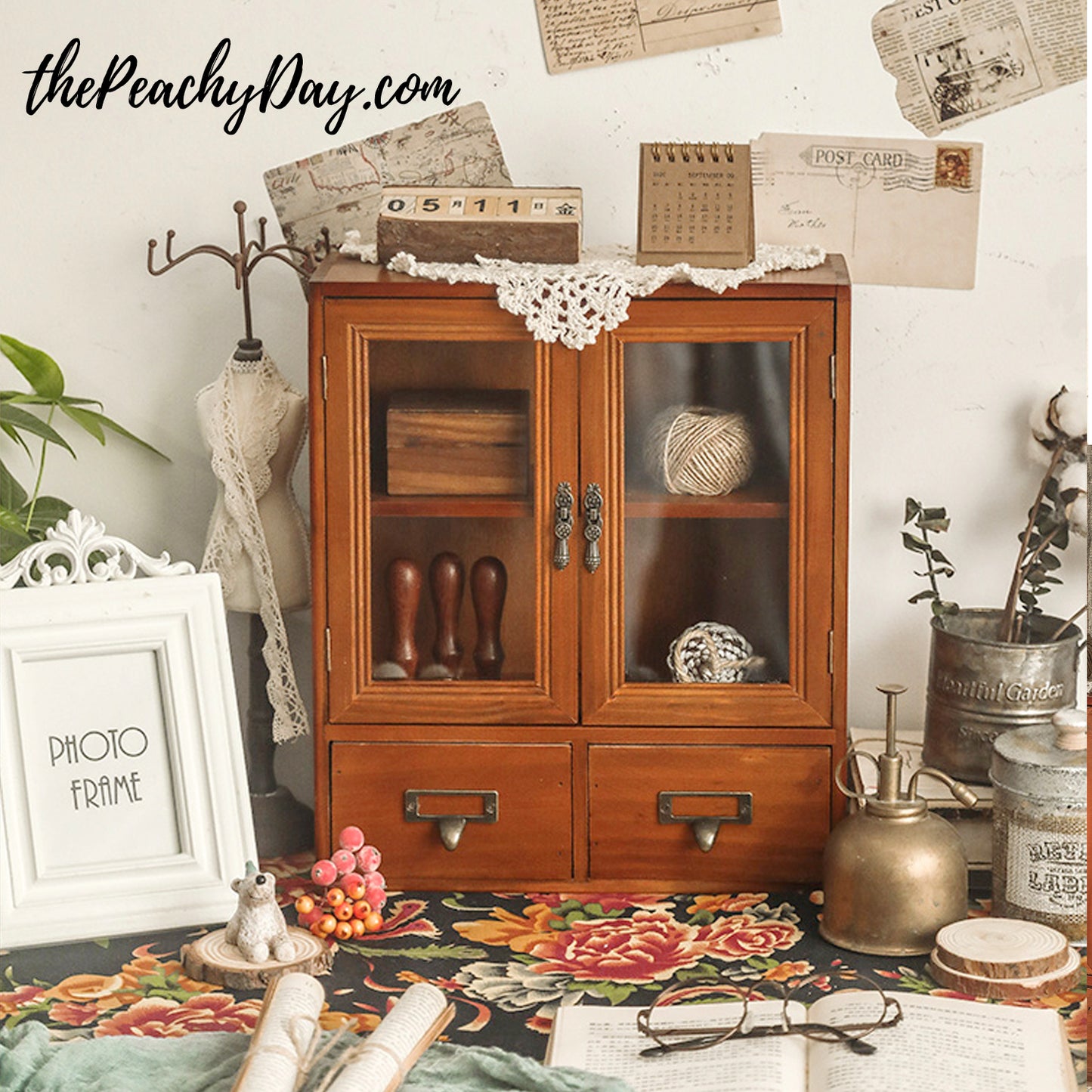 Vintage Wooden Cabinet with Glass Doors & Drawers