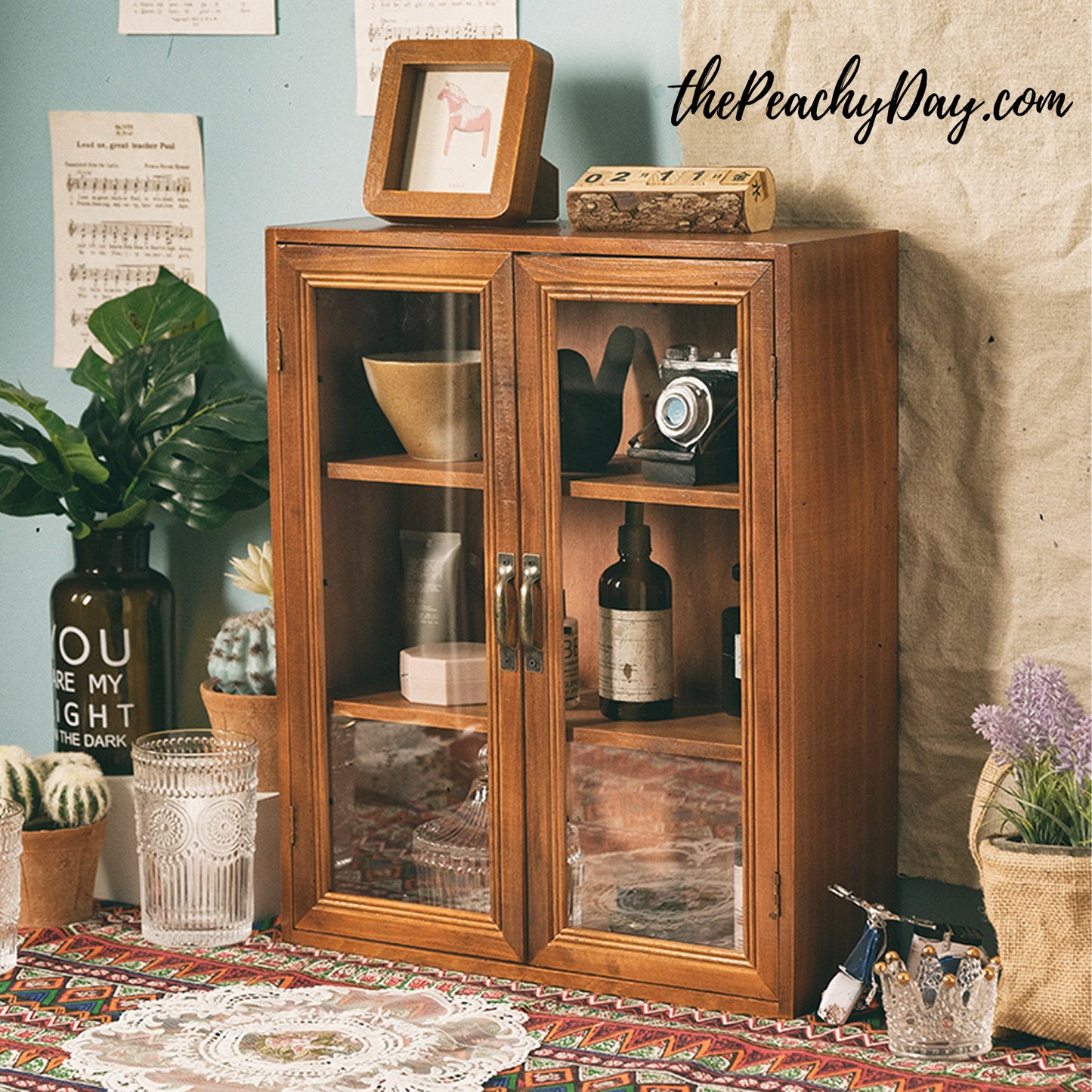Vintage Wooden Storage Cabinet with Glass Doors