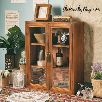 Vintage Wooden Storage Cabinet with Glass Doors