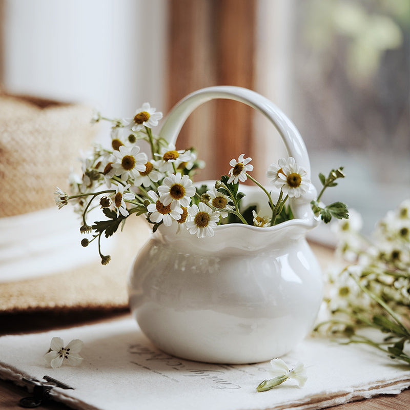 White Ceramic Bag Vase / Utensil Holder