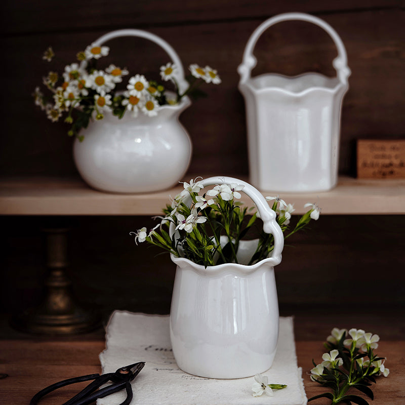 White Ceramic Bag Vase / Utensil Holder