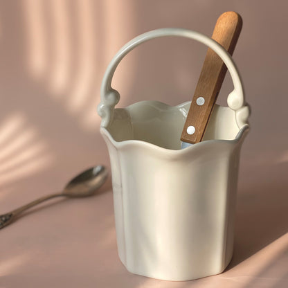 White Ceramic Bag Vase / Utensil Holder