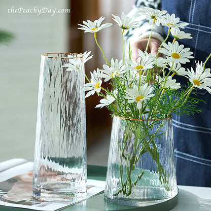 Clear Hammered Glass Vase with Gold Rim