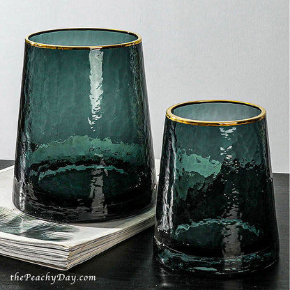 Dark Green Hammered Glass Vase with Gold Rim
