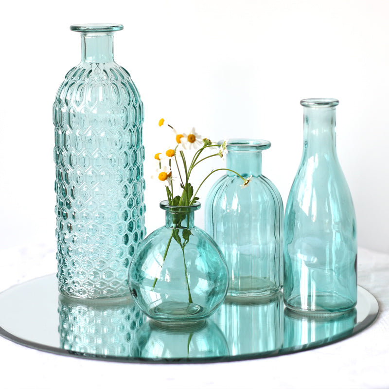 Set of 4 - Teal Green Glass Bottle Vases