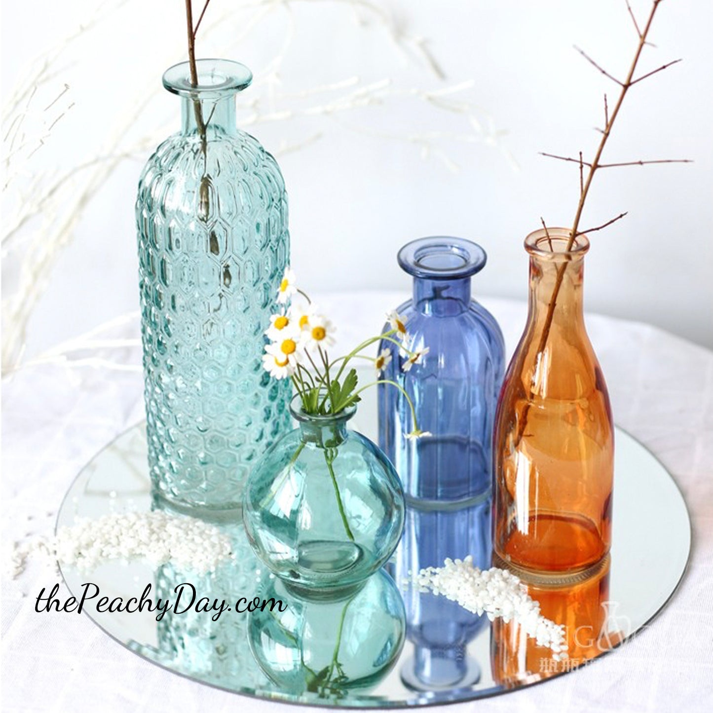 Set of 4 - Teal Green Glass Bottle Vases