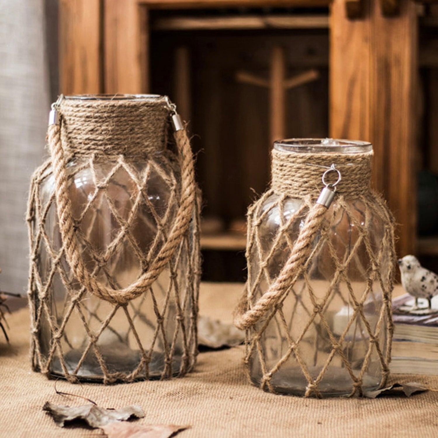 handmade Farmhouse hemp Glass Bottle with Braided Rope Rustic Decor