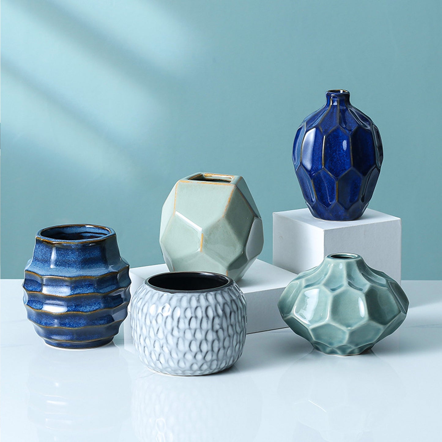 handmade aqua blue decor ceramic pottery flower bud bulk vases set boho minimalist modern home office table shelf decor