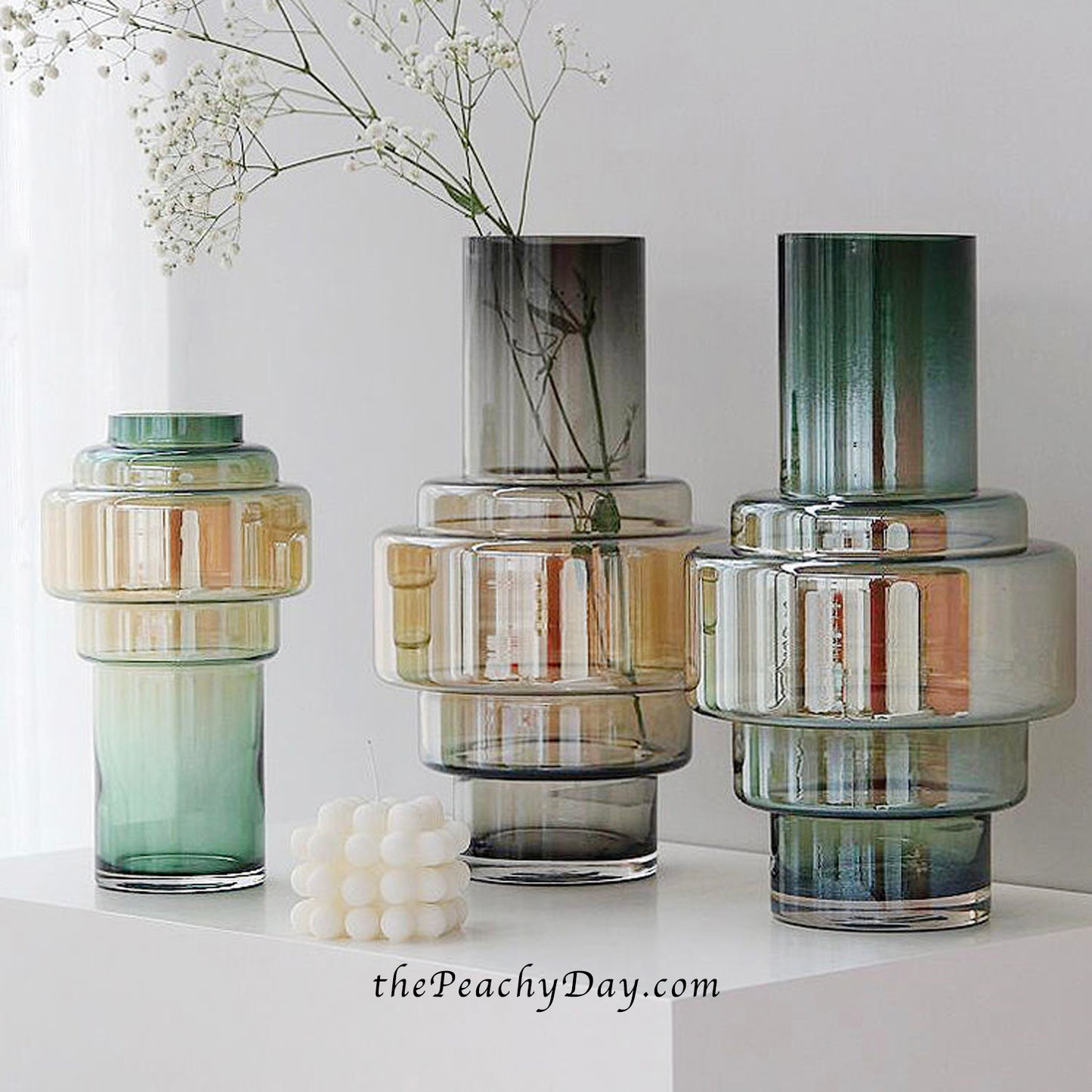 Amber Green & Grey Iridescent Glass Vases