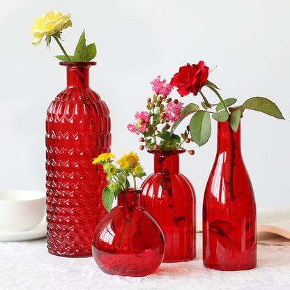 Set of 4 - Red Glass Bottle Vases