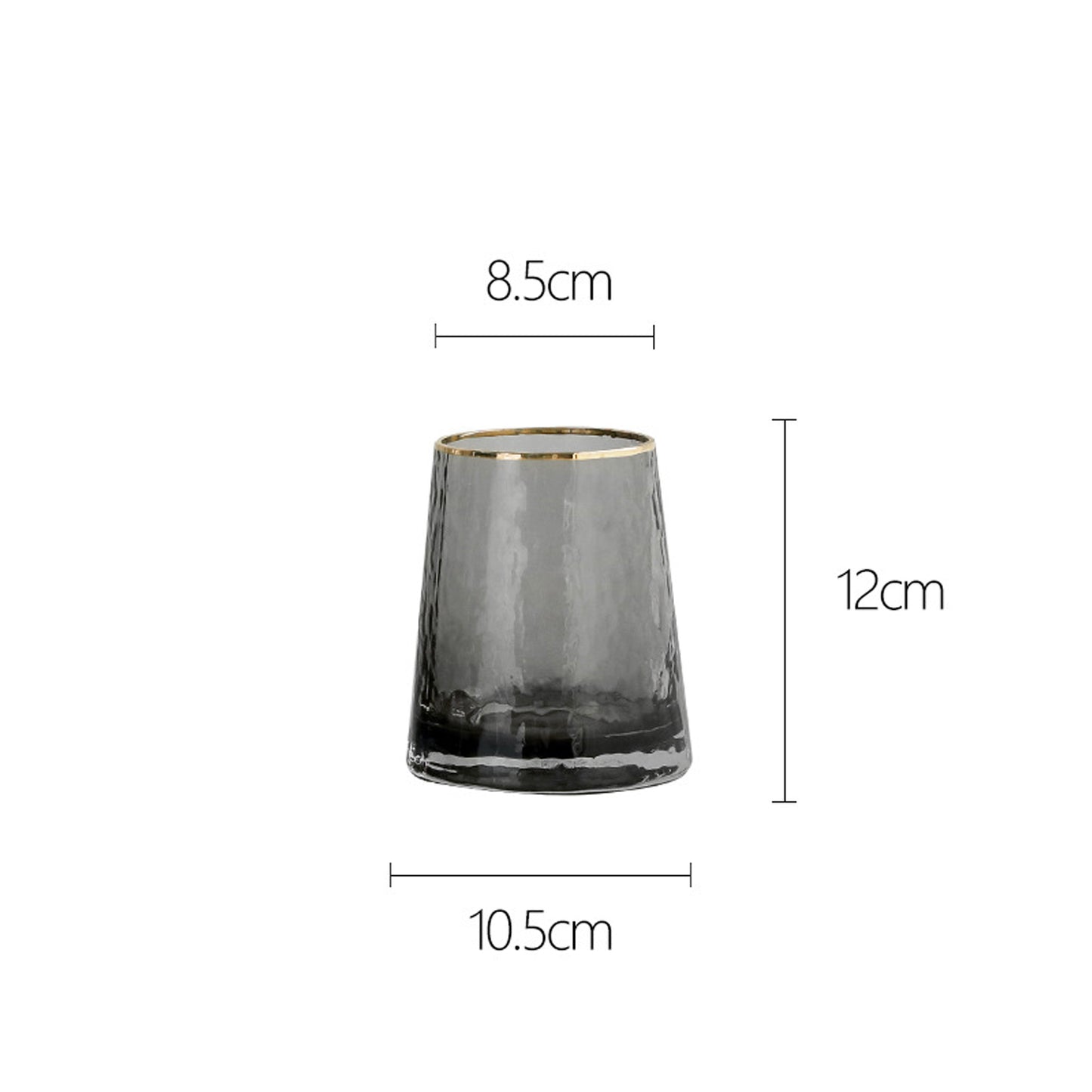 Smoked Grey Hammered Glass Vase with Gold Rim