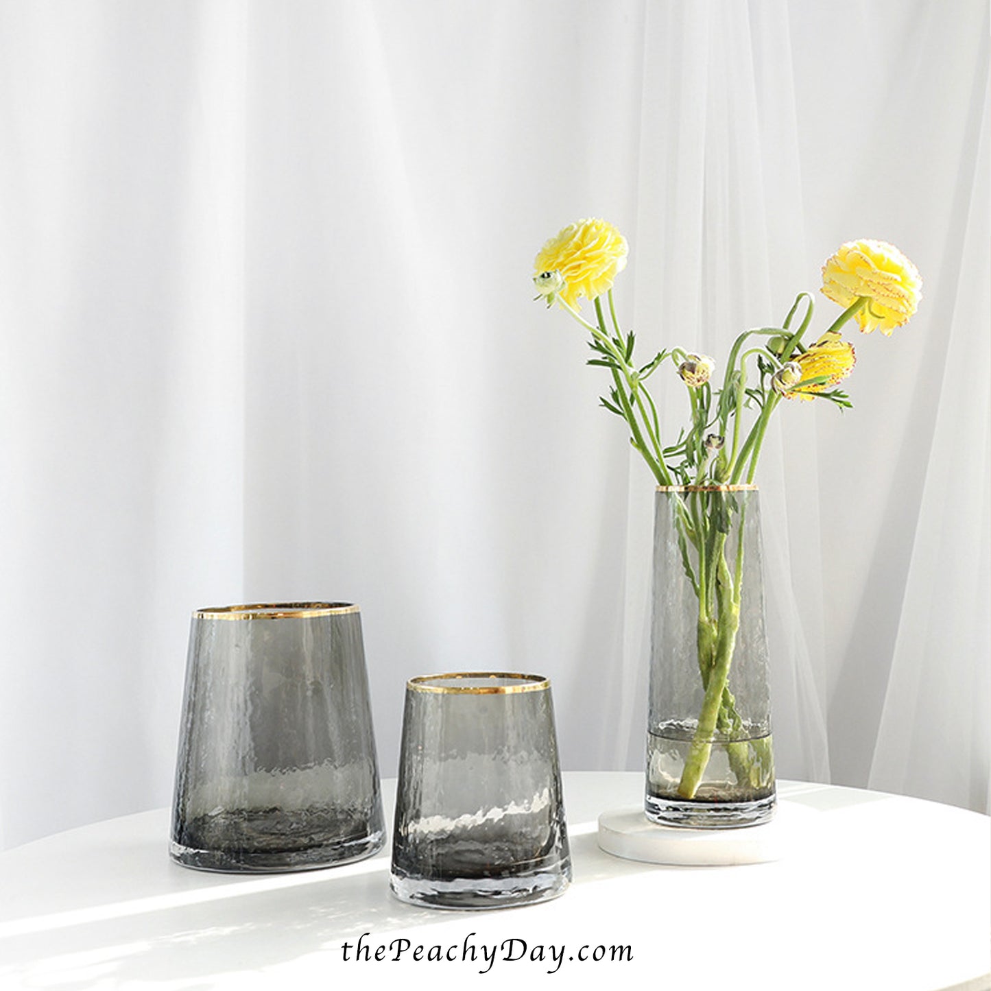 Smoked Grey Hammered Glass Vase with Gold Rim