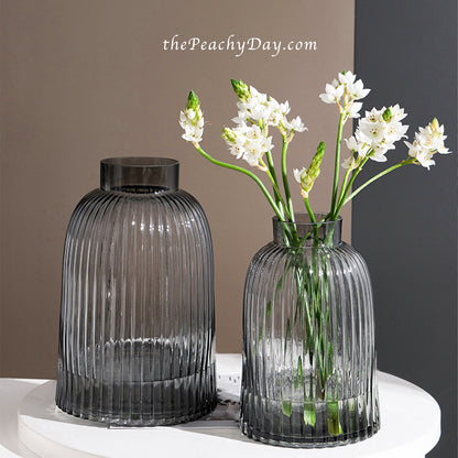 Smoked Grey Ribbed Glass Bottle Vase