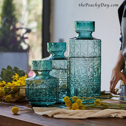 turquoise glass vase Forest Green embossed textured Glass Vase green decorative modern gloss vases