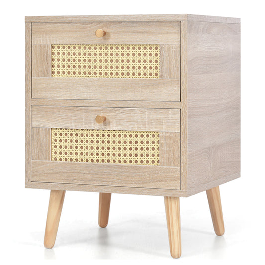 Natural Wood Cane Nightstand with 2 Drawers