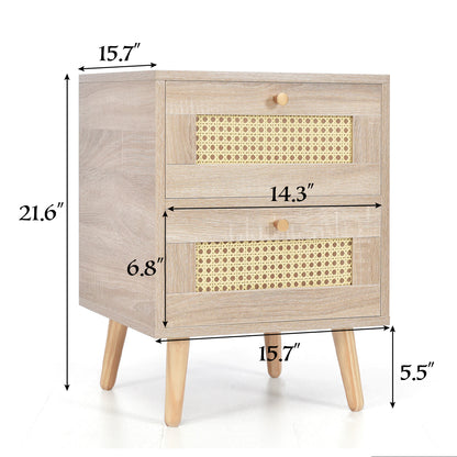 Natural Wood Cane Nightstand with 2 Drawers